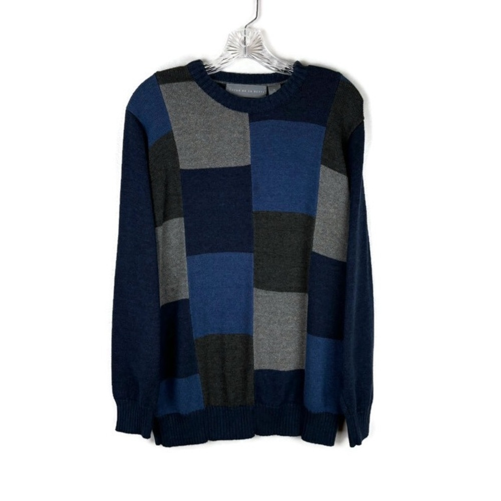 Oscar de la Renta Men’s Patchwork Acrylic Knit Long Sleeve Pullover Sweater Blue